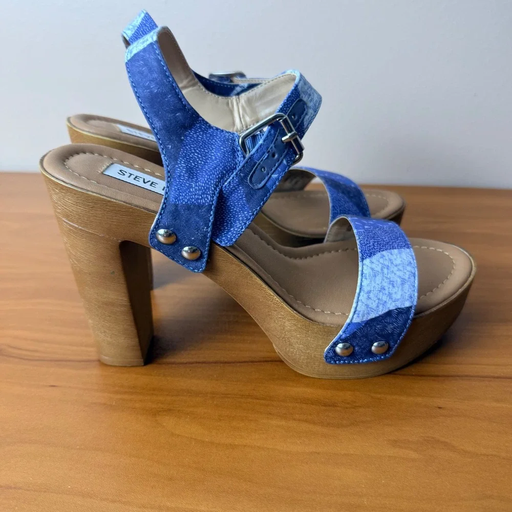 Steve‎ Madden Womens Blue Patchwork Denim Platform Block Heel Sandals Size 6M